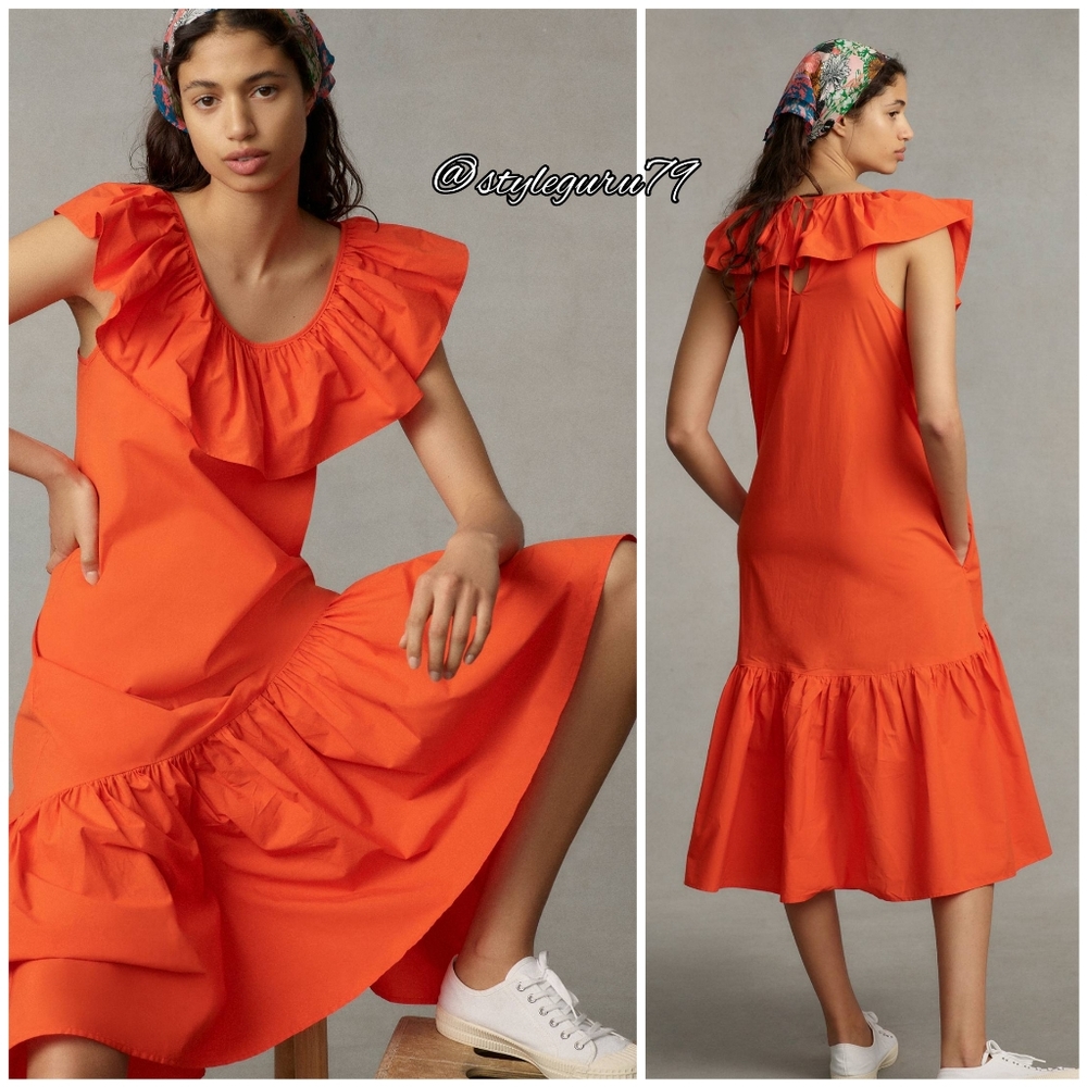 NWT, Anthropologie, Flouncy Ruffled Maxi Dress In BRIGHT RED/ORANGE